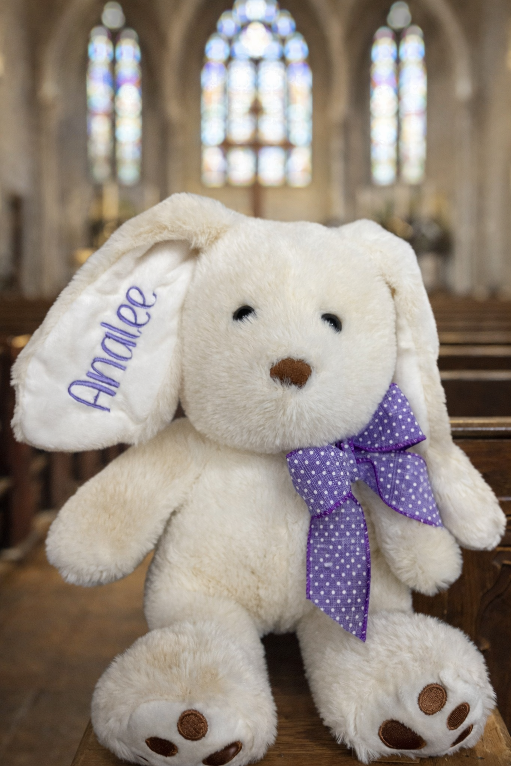 White personalized easter bunny plush with embroidered name