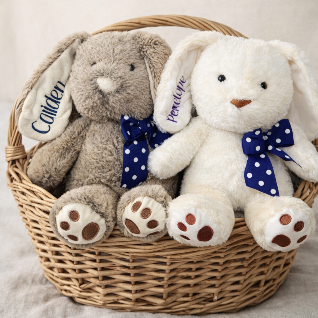 Personalized Easter bunny plush with embroidered name on ear