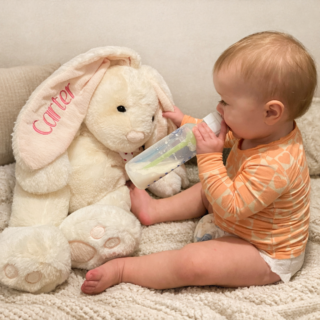 Sweet Companion Personalized White Bunny-Embroidered Heirloom Plush Keepsake. Comfort Gift for Child