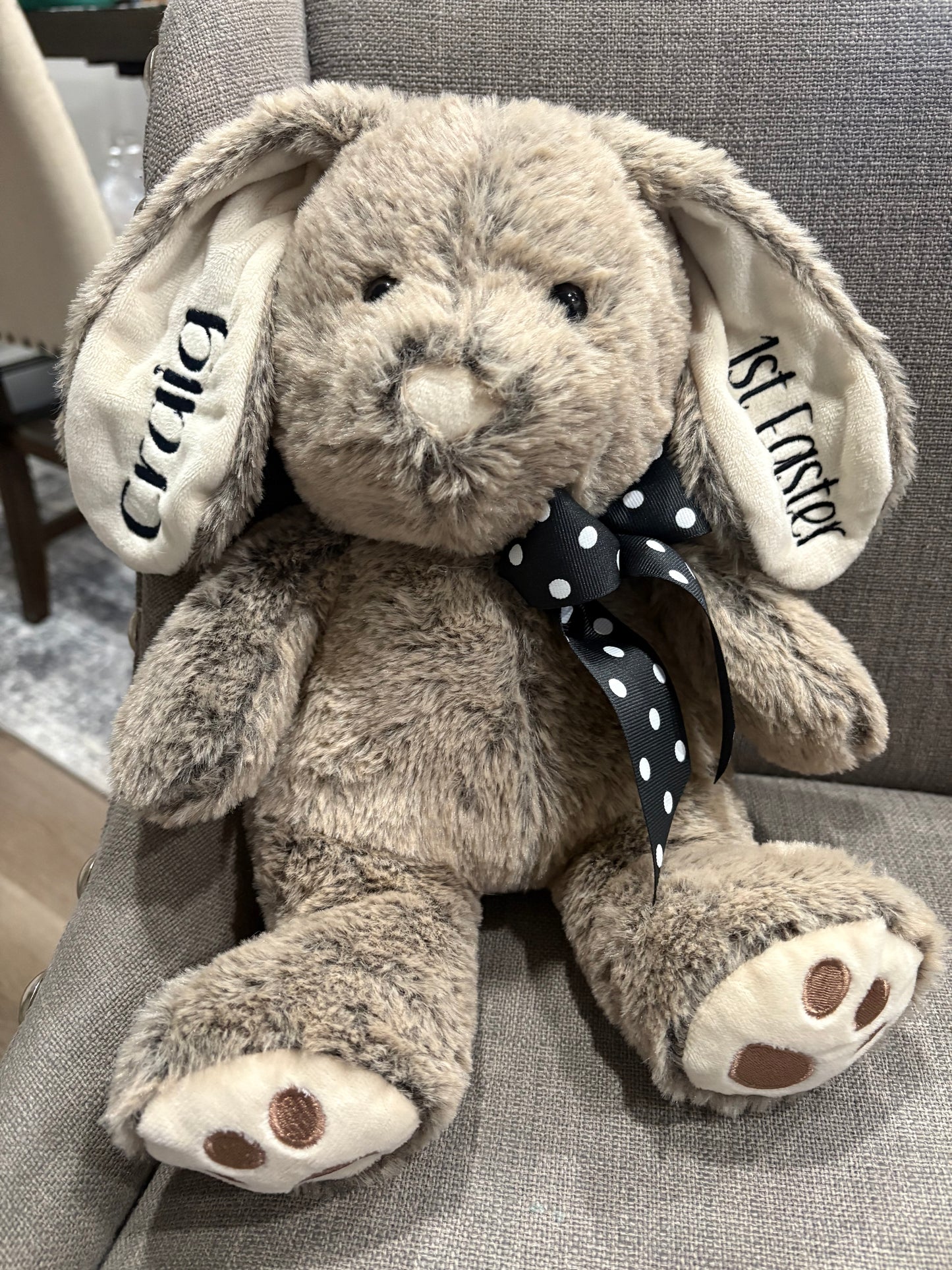 Personalized easter bunny showing one ear and two ear embroidery options