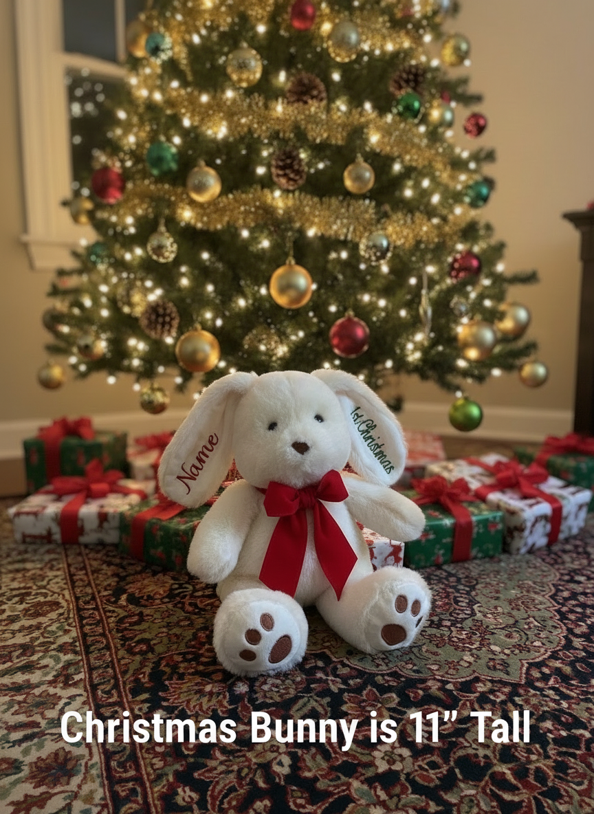 White plush bunny with red bow and '1st Christmas' text on a wooden surface.