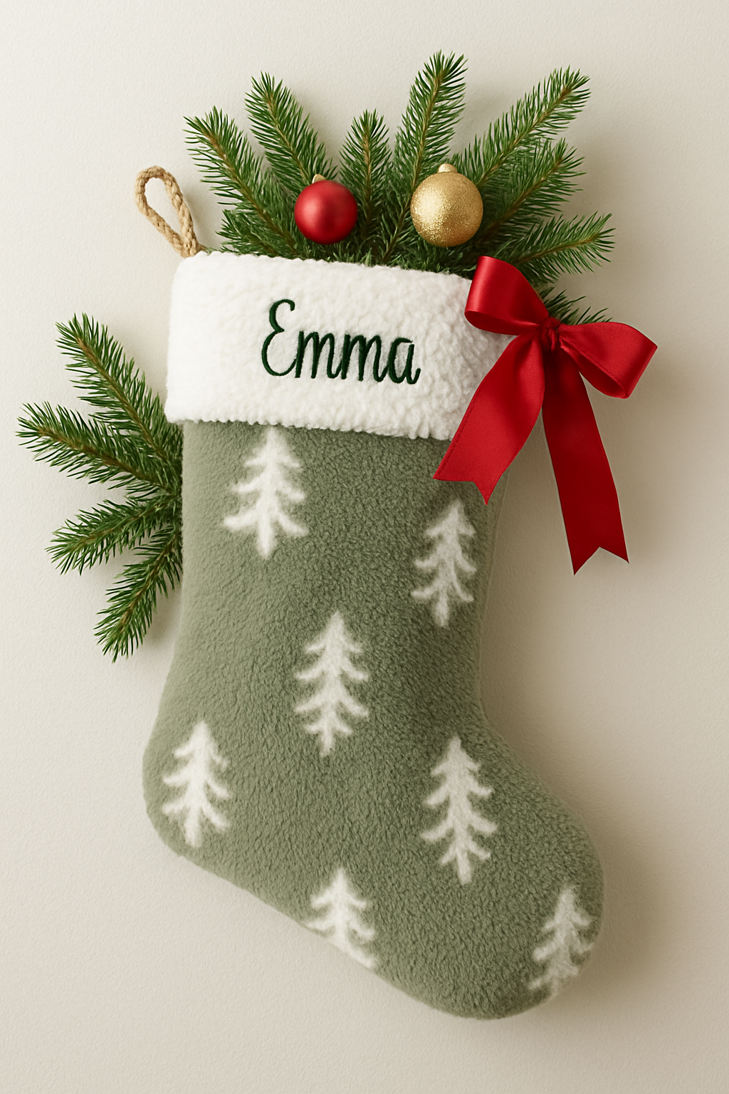 Green Christmas stocking with white trees, red ribbon, and gold and red ornaments on a light background