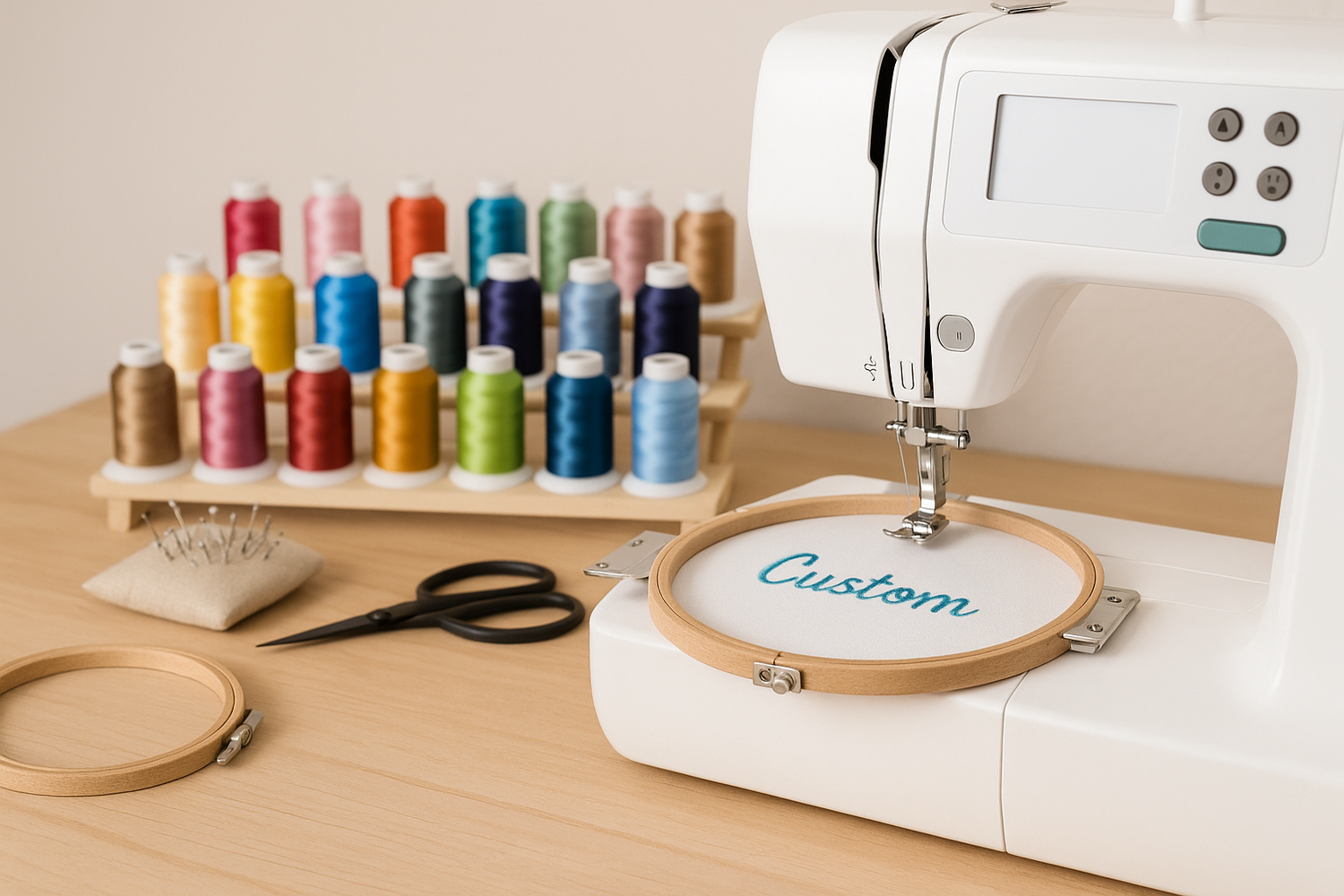 Embroidery machine stitching custom design with colorful thread spools on a workspace